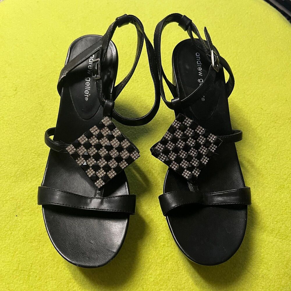 Andrew Geller Alexandra Rhinestone Women's Wedge Sandal Size 9M Black Silver